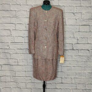 VINTAGE Liz Claiborne women's red black checked wool 2 piece skirt Suit Sz 6, 8